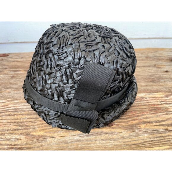 Vintage 1960s Black Raffia Straw Raffia Cloche' Womens Hat MOD - Picture 9 of 13